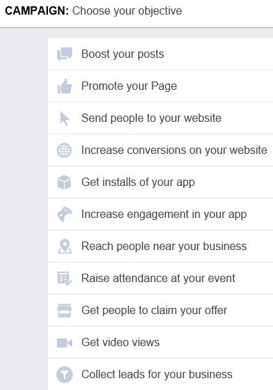 Choosing your objective sets the objective at the campaign level on Facebook