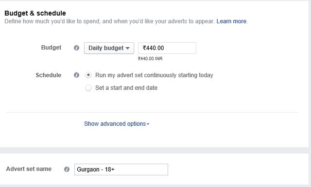 Define your Budget in Advert Set for your ad to appear on Facebook