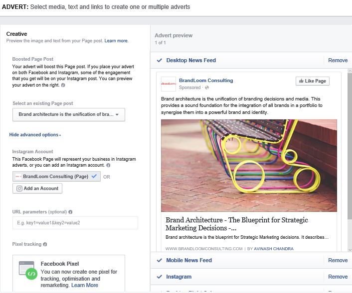 Select media, text and links to create one or multiple adverts in Facebook Advert