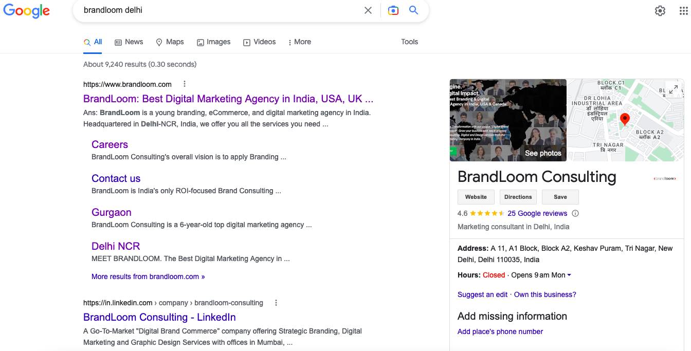 BrandLoom's Listing on Google Business Page