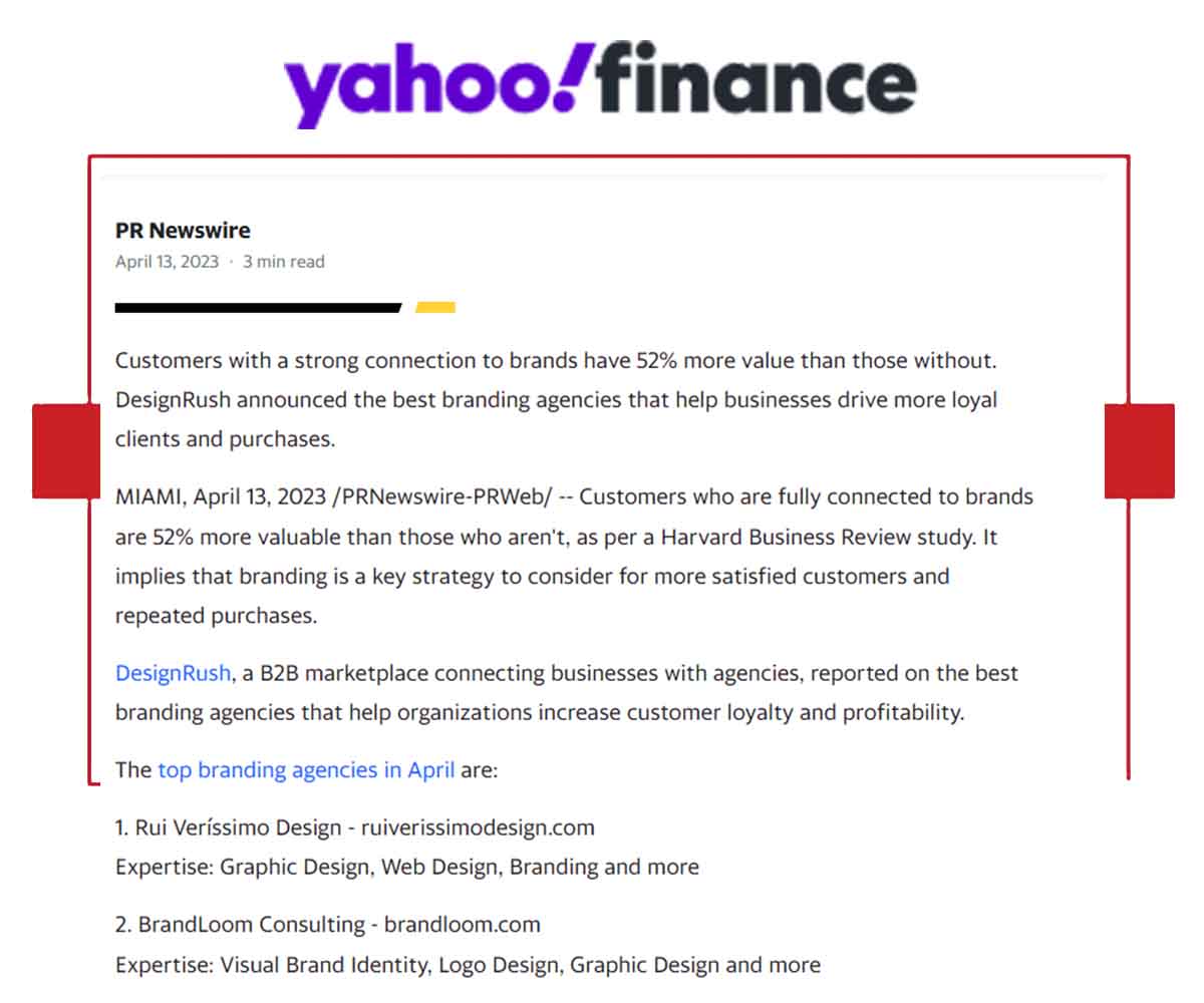 Brandloom Media Covrage in Yahoo Top Branding Agencies To DesignRush