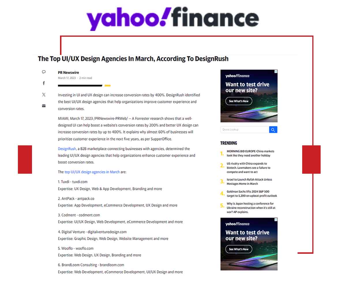 Brandloom Media Covrage in Yahoo Top UI:UX Design Agencie