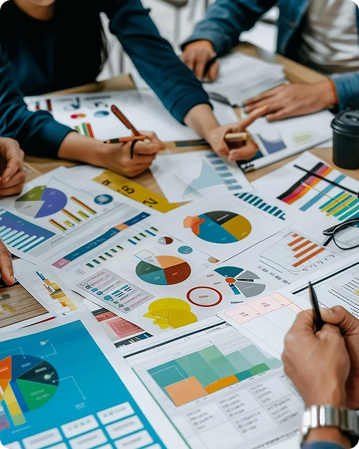 BrandLoom team reviewing charts showing improved brand awareness, sales, and market share from a digital marketing campaign BrandLoom team reviewing charts showing improved brand awareness, sales, and market share from a digital marketing campaign
