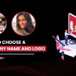 The banner featuring a guide on how to choose a company name and logo by BrandLoom, with expert photos and illustrated designers creating a logo on screen.