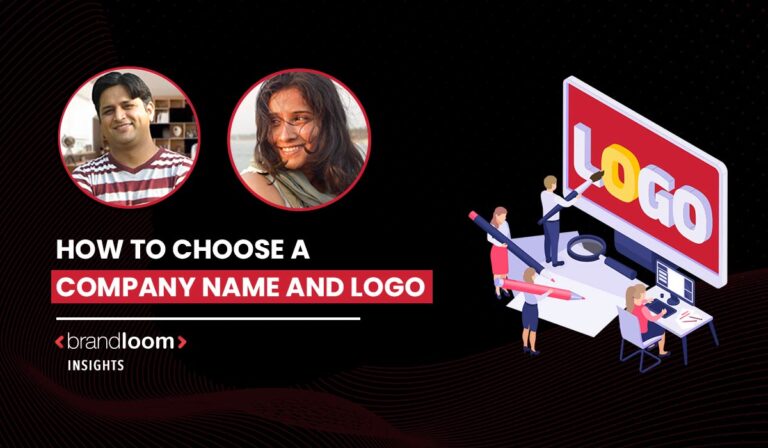 The banner featuring a guide on how to choose a company name and logo by BrandLoom, with expert photos and illustrated designers creating a logo on screen.