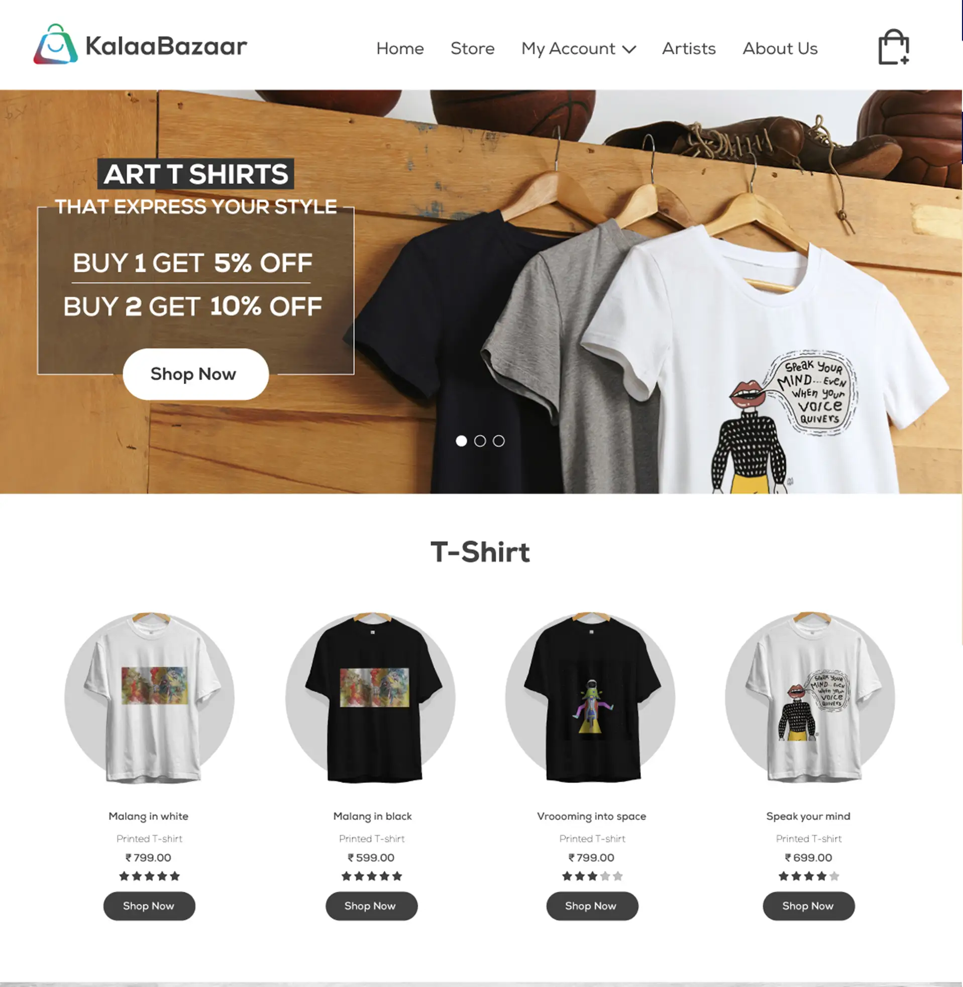 BrandLoom-designed ecommerce website for KalaBazaar showcasing custom art T-shirts BrandLoom-designed ecommerce website for KalaBazaar showcasing custom art T-shirts