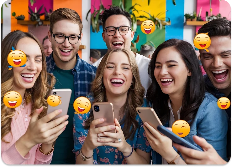 Group of young customers enjoying content - showcasing BrandLoom’s Facebook marketing strategy for local business visibility Group of young customers enjoying content - showcasing BrandLoom’s Facebook marketing strategy for local business visibility