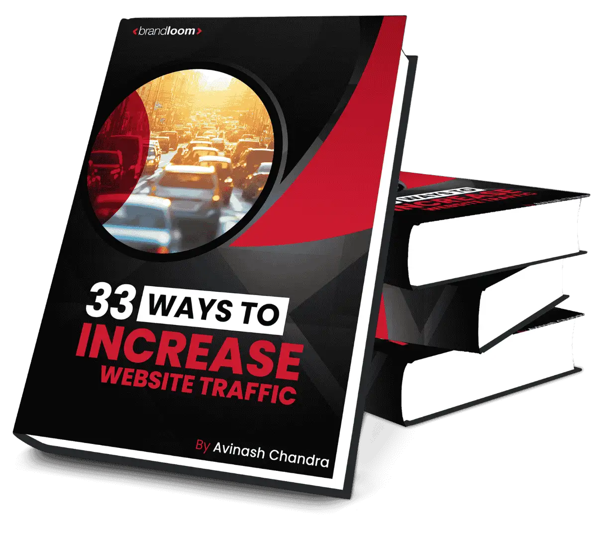 Guide cover for 33 Ways to Increase Website Traffic by Avinash Chandra, featuring cars in traffic under a sunset, designed by BrandLoom