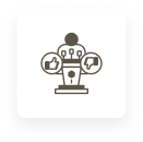 Icon of a figure with symbols for innovation and communication representing appeal to next-gen talent