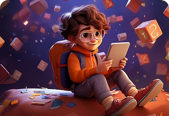 A girl using a digital tablet in a library, representing SEO-focused content creation by BrandLoom.