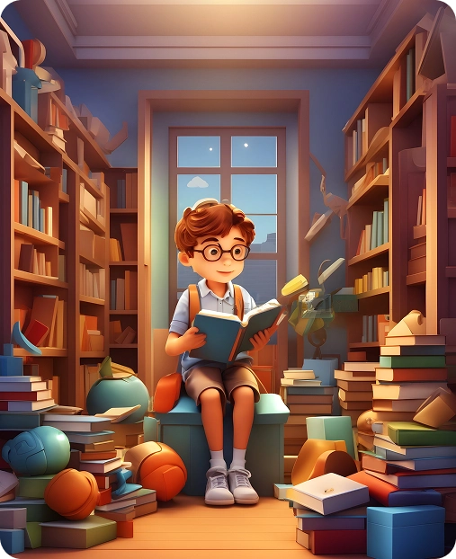 A young boy reading in a colorful library symbolizing GetLitt’s rich content and early visibility challenges solved by BrandLoom.