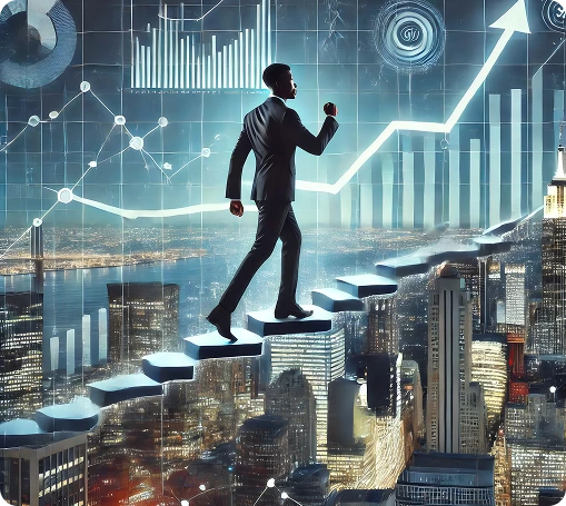 GetLitt SEO Results Image A businessman climbing rising steps above a cityscape, symbolizing GetLitt’s organic traffic growth from 0 to 20,000 visitors.