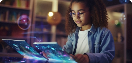 A young girl using a futuristic digital screen, highlighting BrandLoom’s technical SEO improvements.