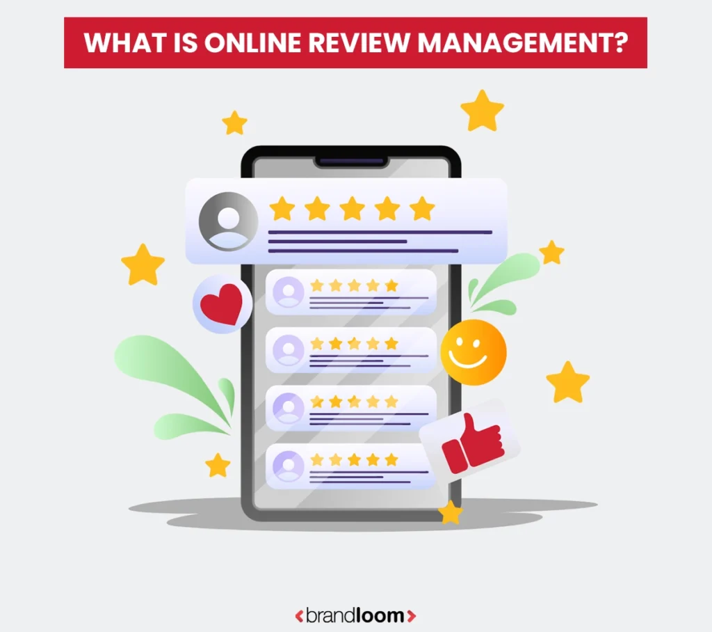 Illustration of online review management showing star ratings, feedback icons, and mobile screen – BrandLoom