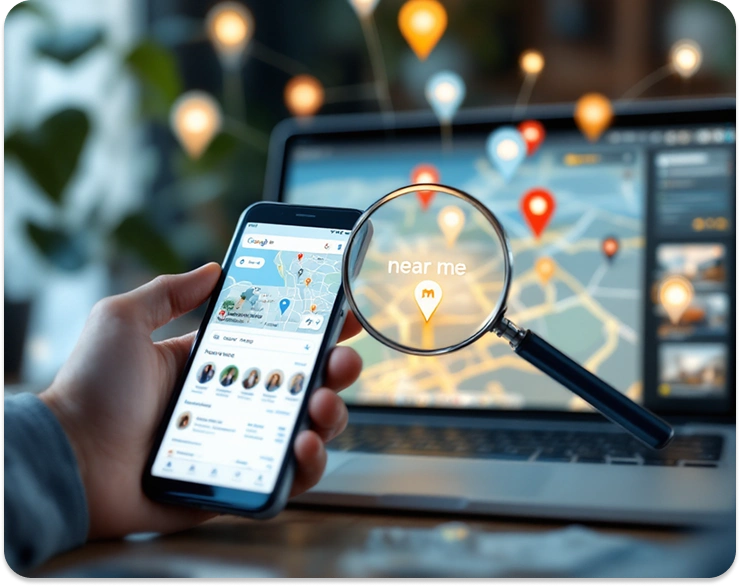 brandloom-local-seo-mobile-search-map-pins Person using a smartphone to search ‘near me’ with map pins displaying local business results supported by BrandLoom’s local SEO services.