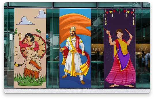 Branded wall and pillar designs by BrandLoom in Sriram Finance office showcasing consistent employee zone storytelling and cultural themes