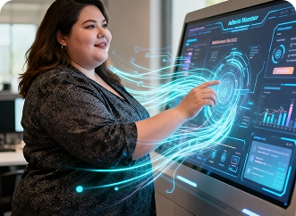 Woman analysing AI-powered campaign dashboards, representing BrandLoom’s AI tools for optimizing ad performance. Woman analysing AI-powered campaign dashboards, representing BrandLoom’s AI tools for optimizing ad performance.