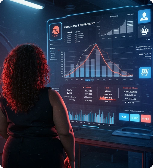 Woman reviewing advanced analytics dashboard representing performance improvements achieved by BrandLoom’s AI ads strategy. Woman reviewing advanced analytics dashboard representing performance improvements achieved by BrandLoom’s AI ads strategy.