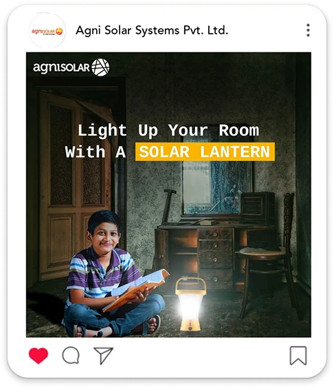 brandloom-agni-solar-lantern-room-lighting-post Instagram-style post showing a boy reading beside a solar lantern, designed by BrandLoom to highlight Agni Solar’s home-lighting products.