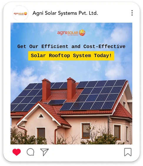 brandloom-agni-solar-rooftop-system-post Instagram-style post showing a house with rooftop solar panels, promoting Agni Solar’s efficient and cost-effective solar rooftop systems created by BrandLoom.