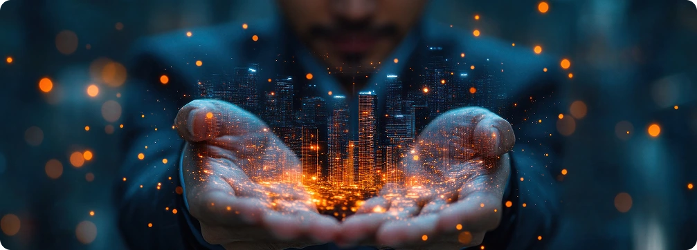 brandloom-anniversary-campaign-digitalcity Futuristic glowing city held in hands symbolizing BrandLoom’s anniversary campaign concept for increased employer brand visibility.