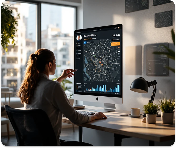 brandloom-local-seo-analytics-dashboard-map-tracking Woman analyzing a local SEO map analytics dashboard optimized with BrandLoom’s local SEO strategy and ranking insights.