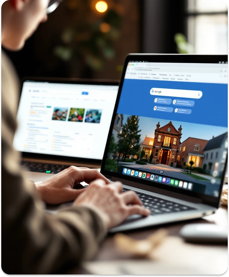 brandloom-local-seo-services-google-search-business-listing Man working on a laptop showing Google local search results and a business listing optimized through BrandLoom’s local SEO services.