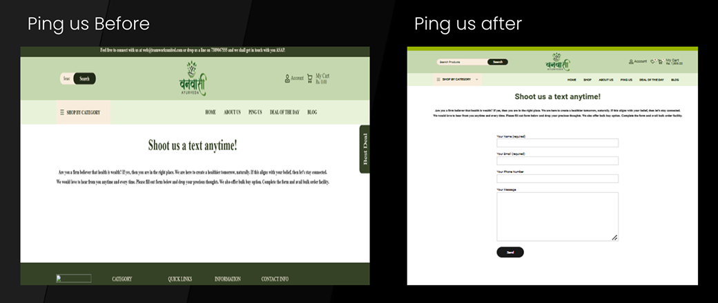 vanvasi-ayurveda-contact-page-before-after Comparison of Vanvasi Ayurveda Ping Us contact page before and after UX redesign by BrandLoom