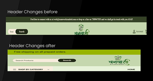 vanvasi-ayurveda-header-before-after-redesign BrandLoom improved Vanvasi Ayurveda website header with clearer navigation, search visibility, and conversion-focused layout