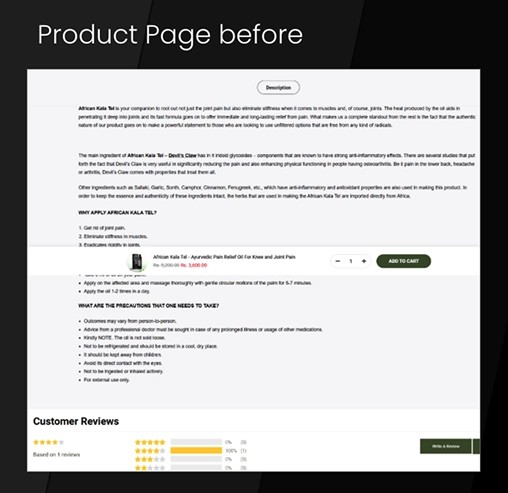 vanvasi-ayurveda-product-content-before Text-heavy Vanvasi Ayurveda product description page before structured UX improvements by BrandLoom