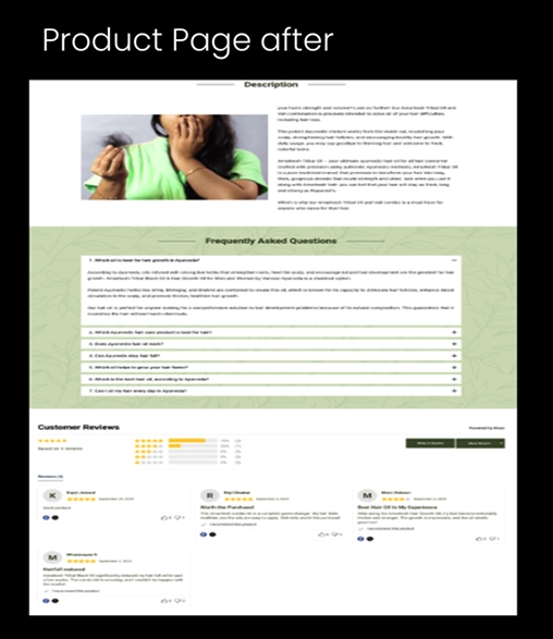 vanvasi-ayurveda-product-page-after-faq-reviews BrandLoom redesigned Vanvasi Ayurveda product page with integrated FAQs, customer reviews, and trust signals to improve user engagement and conversions