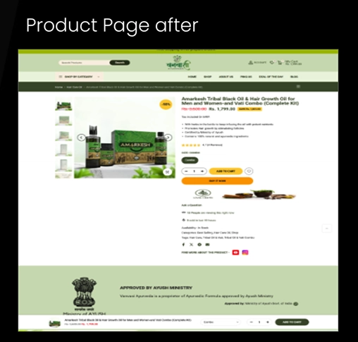 vanvasi-ayurveda-product-page-after-redesign BrandLoom redesigned Vanvasi Ayurveda product page with cleaner layout, clearer CTAs, and improved readability