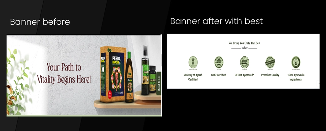 vanvasi-ayurveda-trust-certification-banner BrandLoom added trust badges and certifications to Vanvasi Ayurveda banner to build credibility and buyer confidence