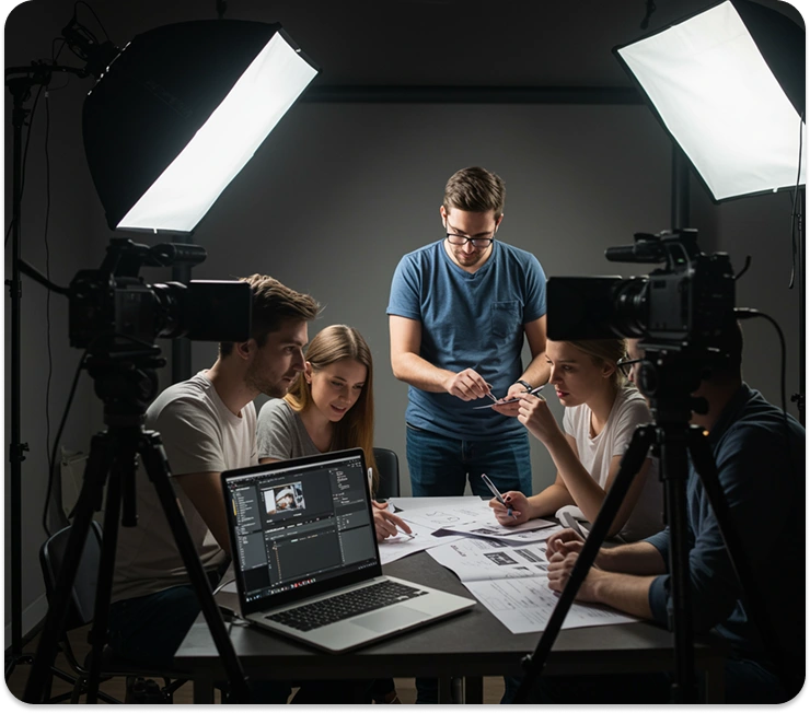 BrandLoom video shoot planning session BrandLoom creative team planning a professional video shoot with cameras, lighting setup, and storyboards for impactful brand storytelling