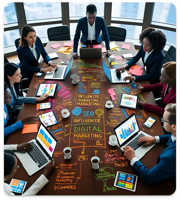 Diverse marketing team collaborating around a table with charts, tablets, and strategy notes for digital marketing planning Diverse marketing team collaborating around a table with charts, tablets, and strategy notes for digital marketing planning