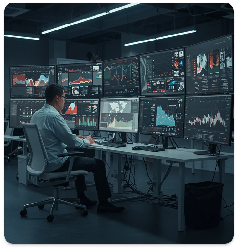 Professional analyst monitoring multiple digital performance dashboards showing programmatic advertising data Professional analyst monitoring multiple digital performance dashboards showing programmatic advertising data