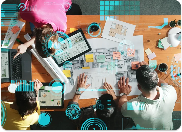 Team working on campaign planning with futuristic digital data overlays representing programmatic advertising technology Team working on campaign planning with futuristic digital data overlays representing programmatic advertising technology