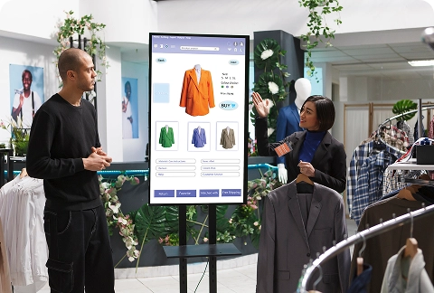 Two shoppers looking at a large digital screen showcasing clothing product options inside a retail store Two shoppers looking at a large digital screen showcasing clothing product options inside a retail store