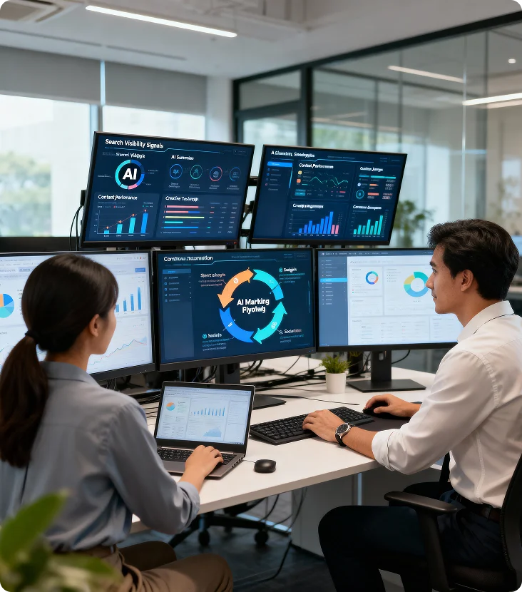 brandloom-ai-marketing-growth-flywheel-dashboard BrandLoom AI marketing growth flywheel showing performance dashboards used to improve visibility, demand capture, and revenue