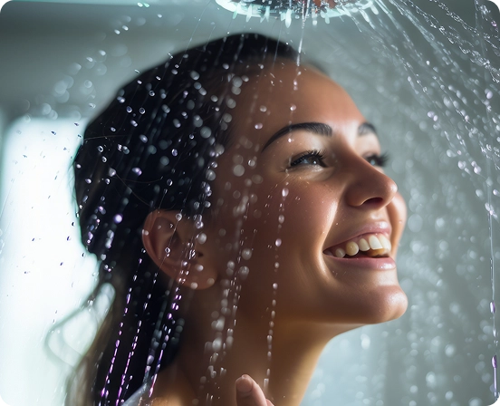 brandloom-hard-water-problem Woman experiencing a shower under hard water conditions, illustrating the core customer problem addressed in BrandLoom’s email marketing case study