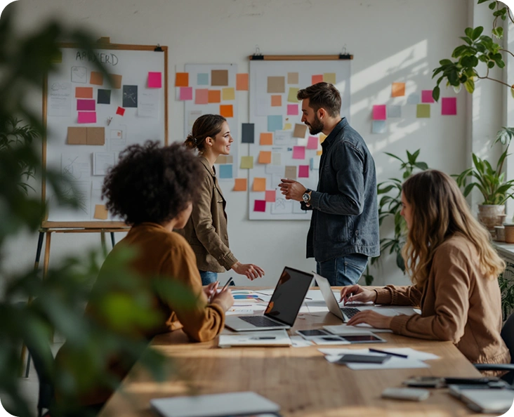 experiential-marketing-team-brainstorming-brandloom Team at BrandLoom collaborating on experiential marketing ideas with strategy boards and mood boards in the background