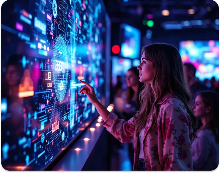 interactive-digital-wall-brand-experience-technology Woman interacting with an interactive digital experience wall developed by BrandLoom