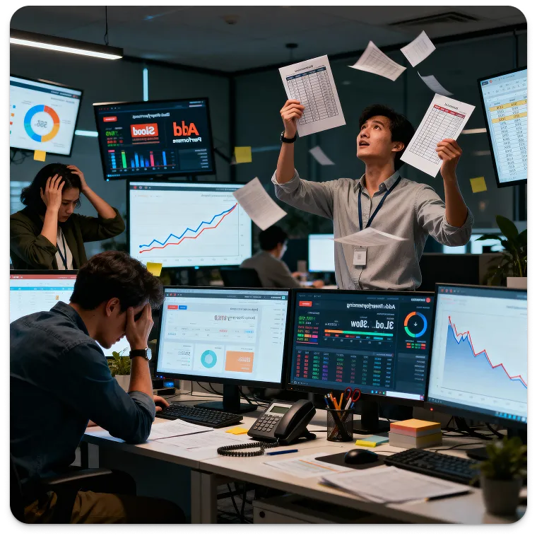 traditional-marketing-chaos-workplace Marketing team overwhelmed by manual processes, delayed reporting, and slow decision-making in traditional marketing environments