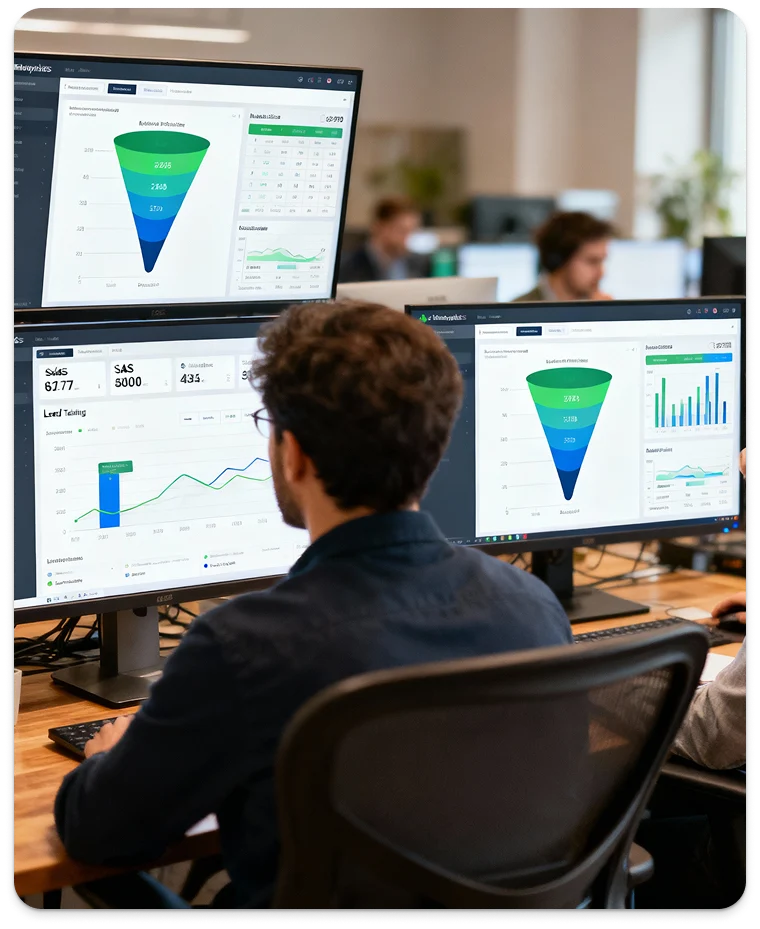 BrandLoom analysts reviewing industry-specific funnel dashboards for eCommerce, SaaS, healthcare, etc BrandLoom analysts reviewing industry-specific funnel dashboards for eCommerce, SaaS, healthcare, etc