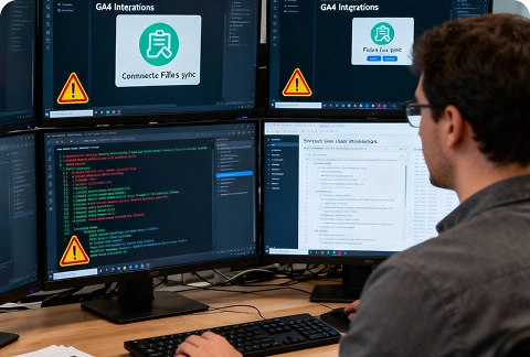 Developer examining GA4 integration issues across multiple dashboards before BrandLoom’s repair implementation. Developer examining GA4 integration issues across multiple dashboards before BrandLoom’s repair implementation.