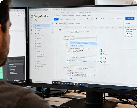 Google Tag Manager workspace showing event setup implemented by BrandLoom’s analytics experts. Google Tag Manager workspace showing event setup implemented by BrandLoom’s analytics experts.