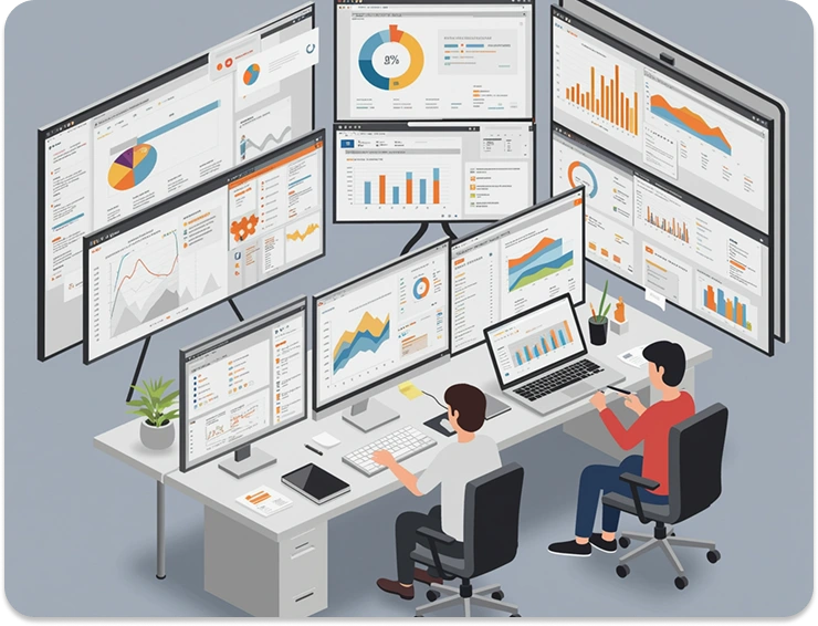 Illustration of BrandLoom’s analytics team working with multiple Google Analytics dashboards for tracking and reporting. Illustration of BrandLoom’s analytics team working with multiple Google Analytics dashboards for tracking and reporting.