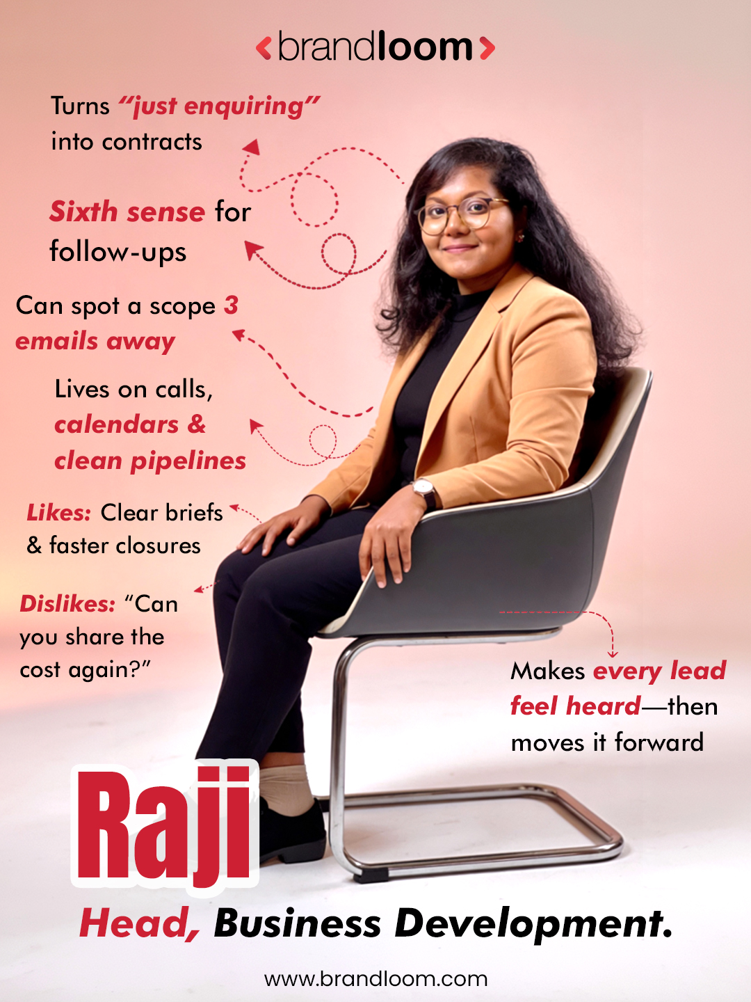 Raji, Head of Business Development at BrandLoom, converting enquiries into long-term partnerships through sharp follow-ups, structured pipelines, and relationship-led growth