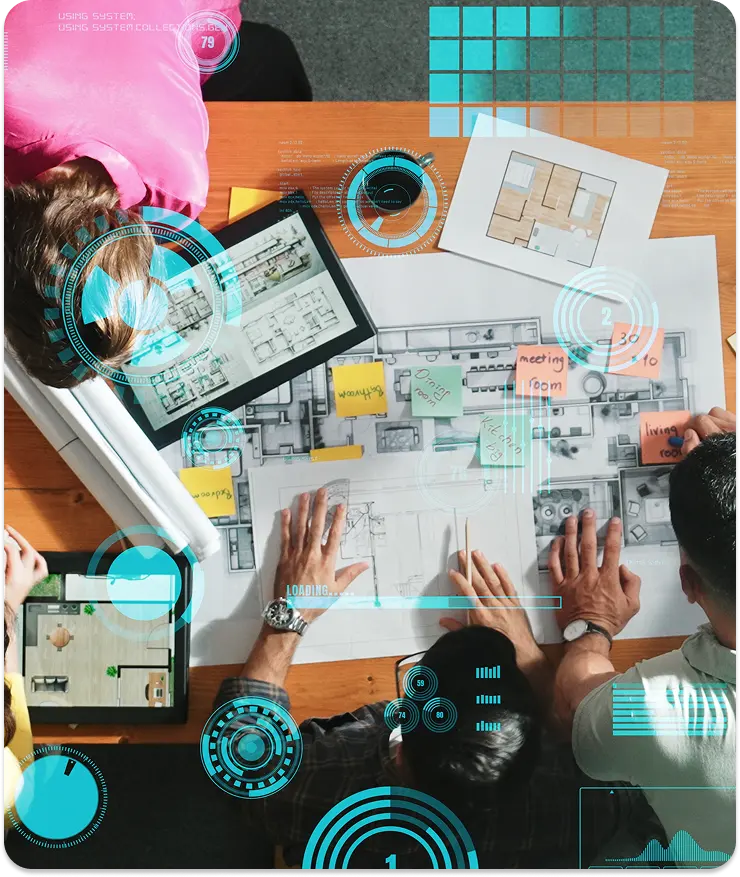 Team working on campaign planning, with futuristic digital data overlays, representing programmatic advertising technology Team working on campaign planning, with futuristic digital data overlays, representing programmatic advertising technology