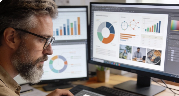 brandloom-infographic-design-expertise-dashboard BrandLoom infographic design experts analyzing data dashboards to transform complex information into clear, engaging visuals